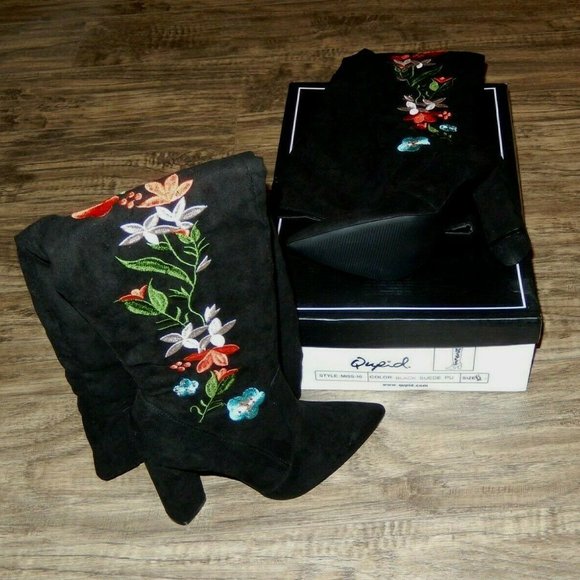 New Qupid Boots 6  OTK Over Knee Heel Black Faux Suede Embroidered Flowers - Picture 6 of 7